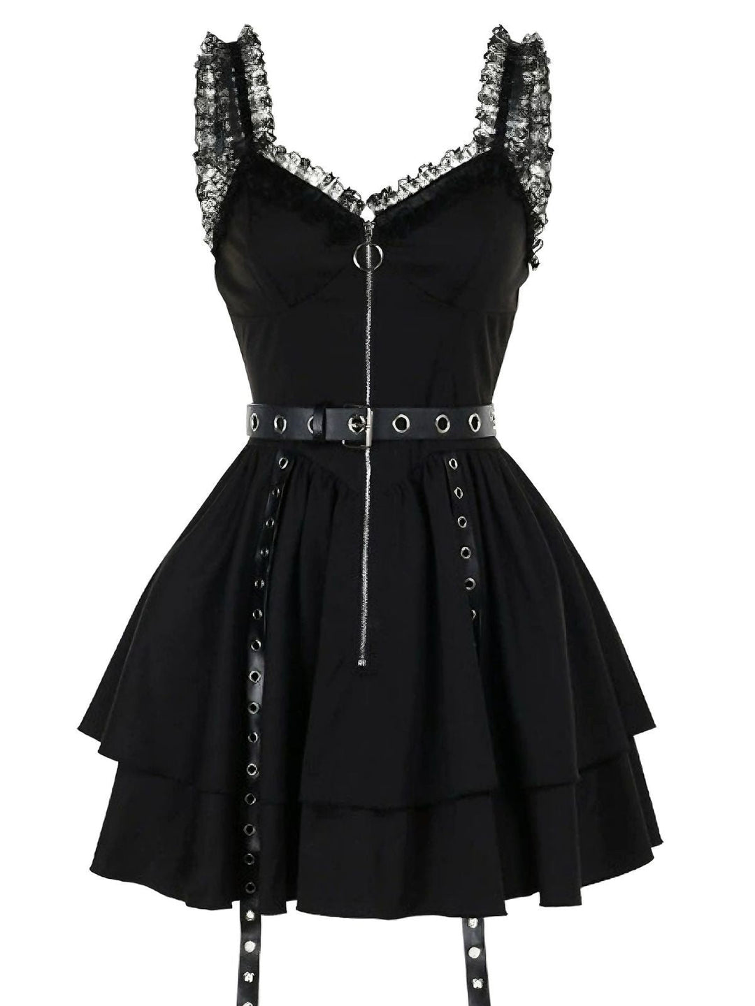 Black 1980s Punk Metal Belted Patchwork Dress - vintage dress, retro fashion, classic black