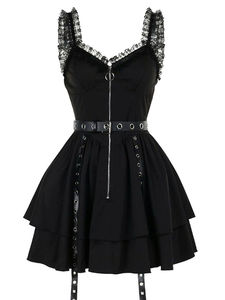 Black 1980s Punk Metal Belted Patchwork Dress - vintage dress, retro fashion, classic black