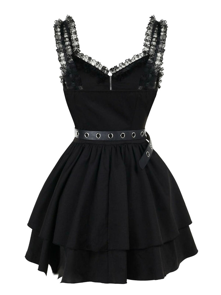 Black 1980s Punk Metal Belted Patchwork Dress - vintage dress, retro fashion, classic black