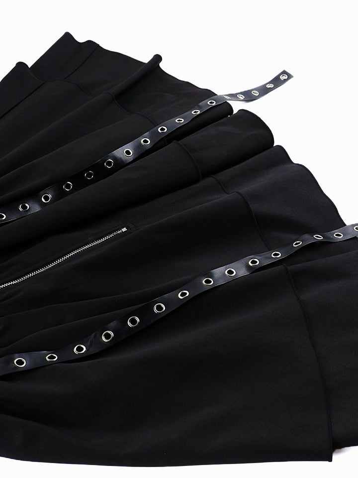 Black 1980s Punk Metal Belted Patchwork Dress - vintage dress, retro fashion, classic black