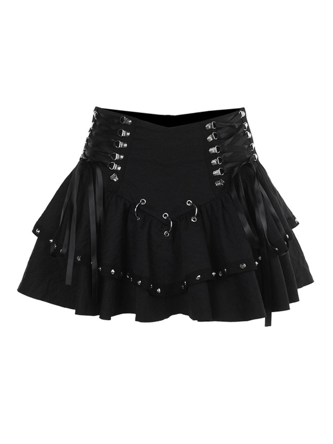 Black 1980s Punk Metal Button Lace-Up Skirt - vintage skirt, retro style, classic black