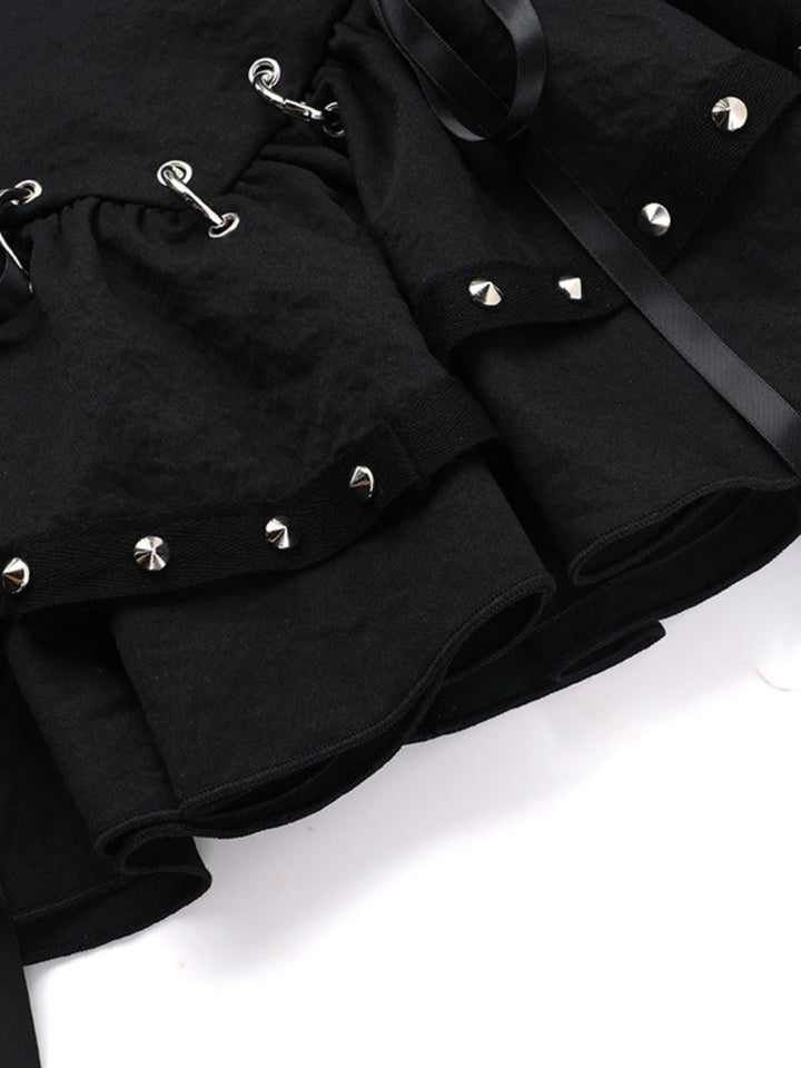 Black 1980s Punk Metal Button Lace-Up Skirt - vintage skirt, retro style, classic black