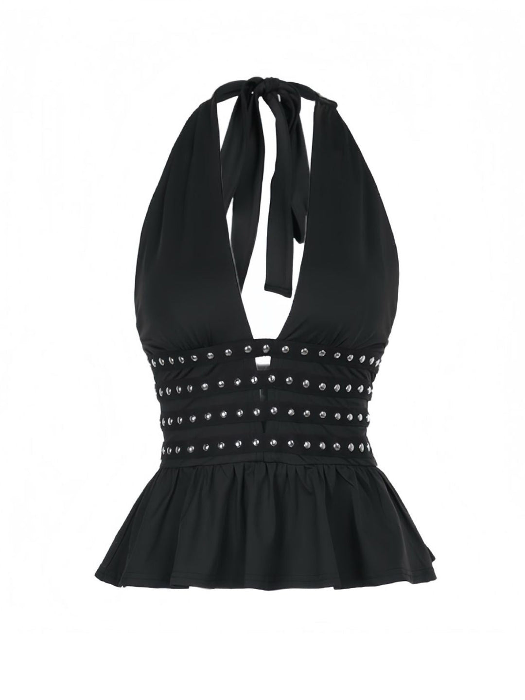 Black 1980s Punk Rhinestone Halter Top - vintage fashion, retro style, classic black