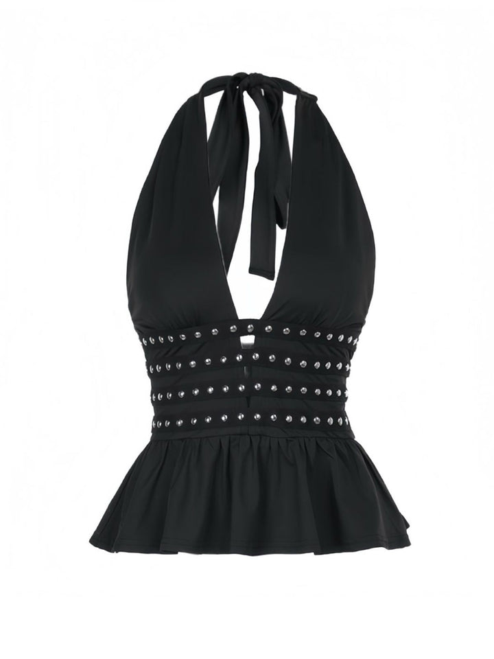 Black 1980s Punk Rhinestone Halter Top - vintage fashion, retro style, classic black