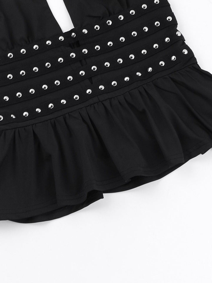 Black 1980s Punk Rhinestone Halter Top - vintage fashion, retro style, classic black