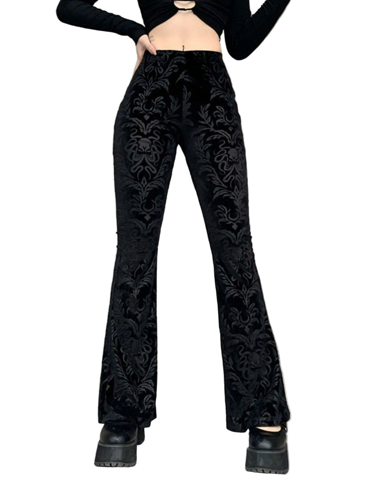 Black 1980s Punk Vine Print Velvet Bootcut Pants - vintage fashion, retro style, classic black