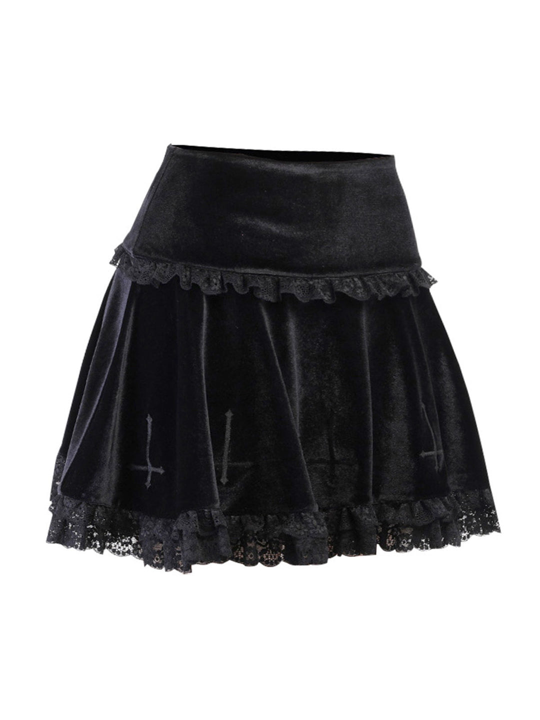 This Black 1980s Solid Embroidered Lace Skirt spins 1980s stories with every step