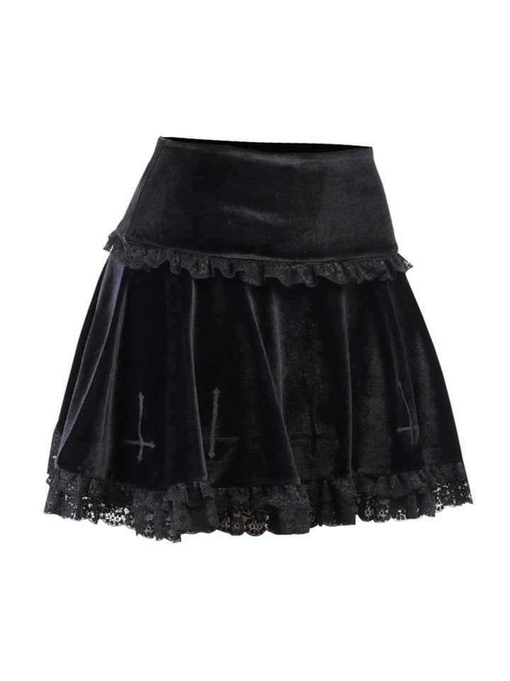 This Black 1980s Solid Embroidered Lace Skirt spins 1980s stories with every step
