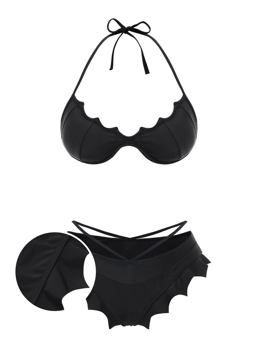 Black Solid Gothic Bat Wings Bikini Set - vintage fashion, retro style, classic black