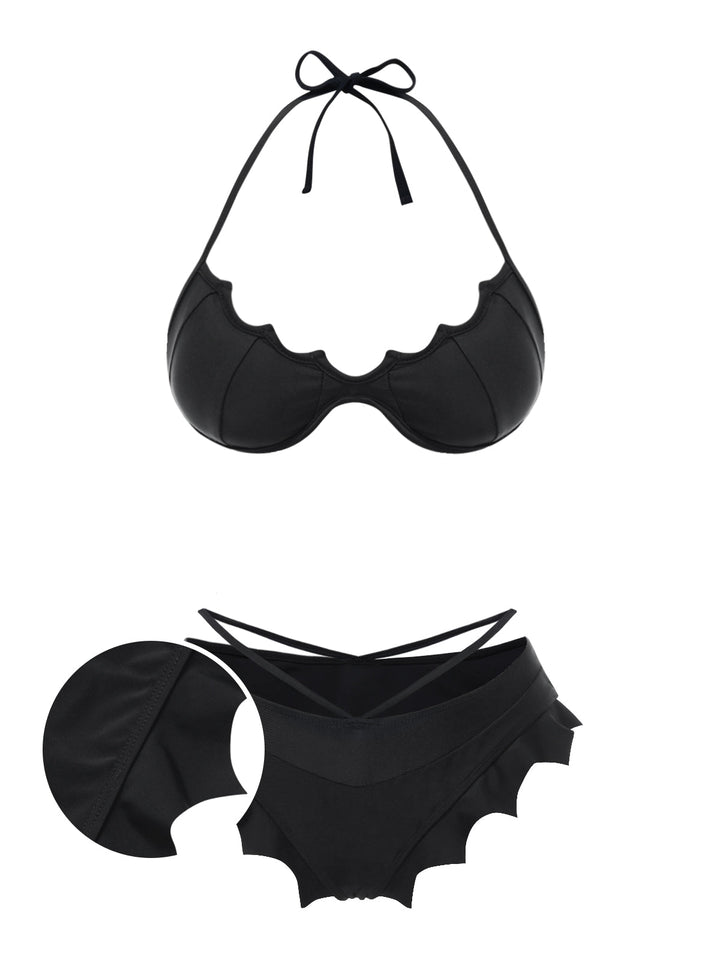Black Solid Gothic Bat Wings Bikini Set - vintage fashion, retro style, classic black