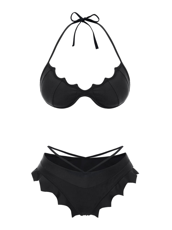 Black Solid Gothic Bat Wings Bikini Set - vintage fashion, retro style, classic black