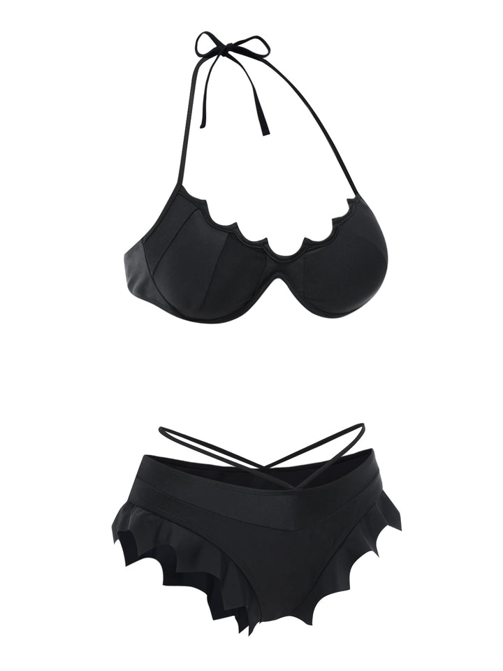 Black Solid Gothic Bat Wings Bikini Set - vintage fashion, retro style, classic black