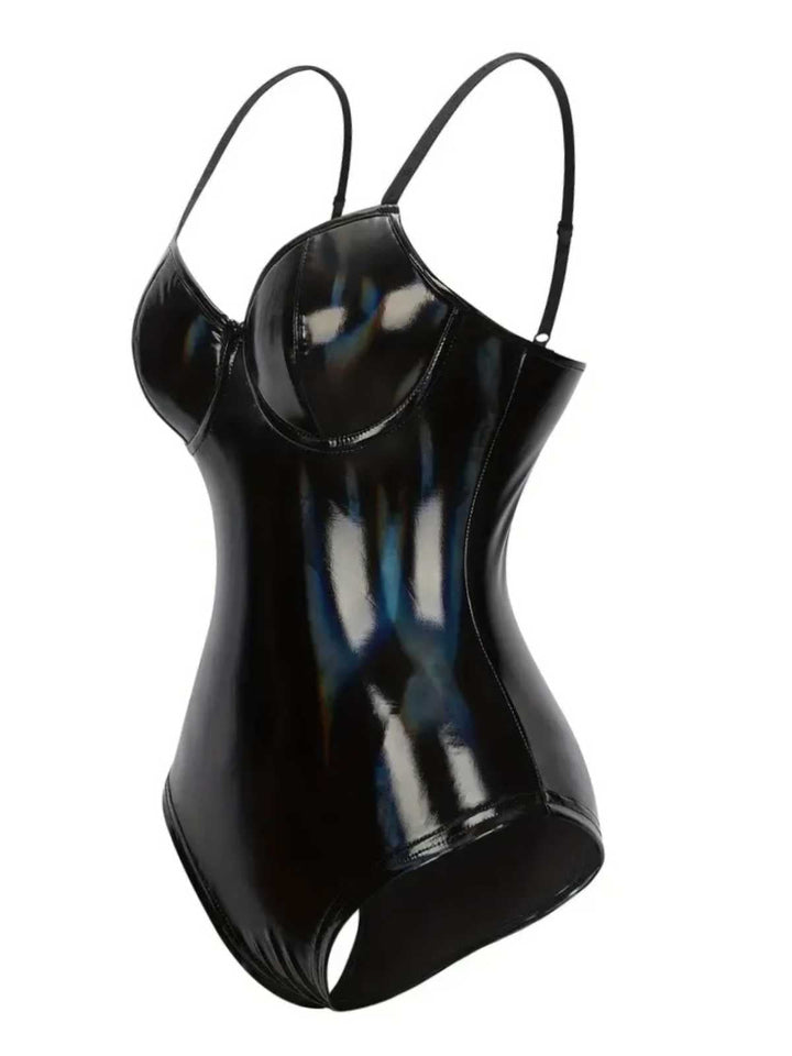 Black 1980s Spaghetti Strap Leather Bodysuit - vintage fashion, retro style, classic black