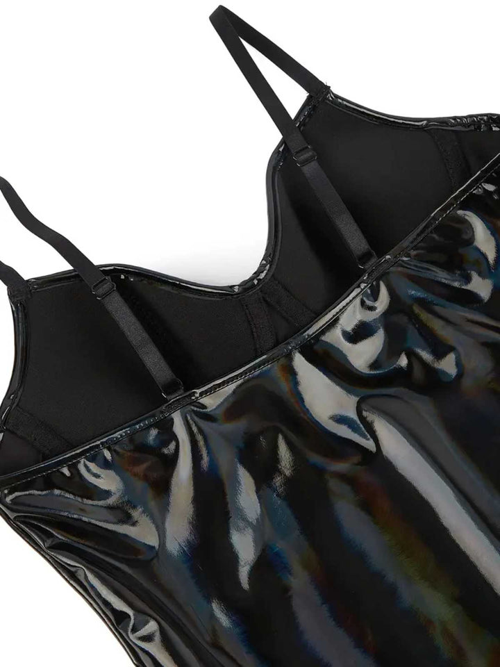 Black 1980s Spaghetti Strap Leather Bodysuit - vintage fashion, retro style, classic black