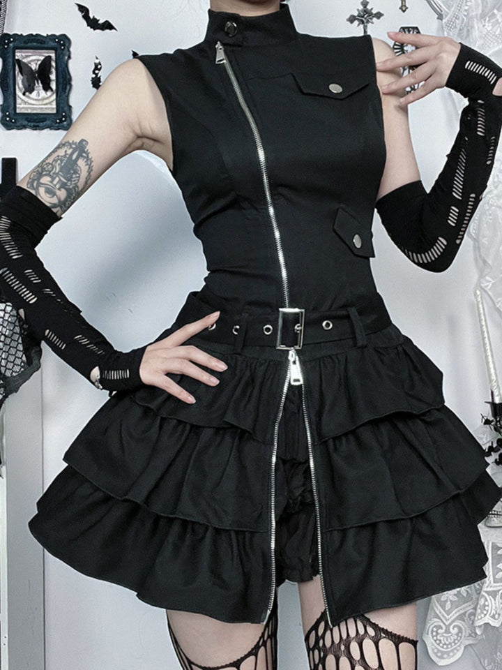 Black 1980s Steampunk Solid Zipper Belted Dress - vintage dress, retro fashion, classic black