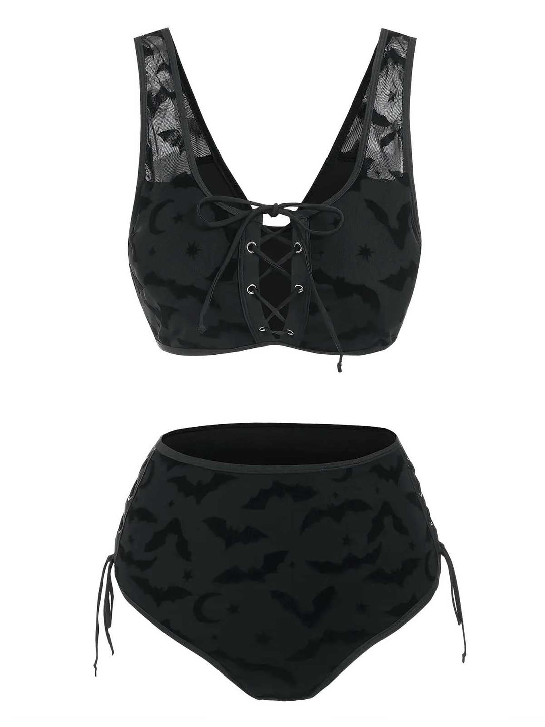 Black 1980s Strap Bat Mesh Gothic Bikini Set - vintage fashion, retro style, classic black