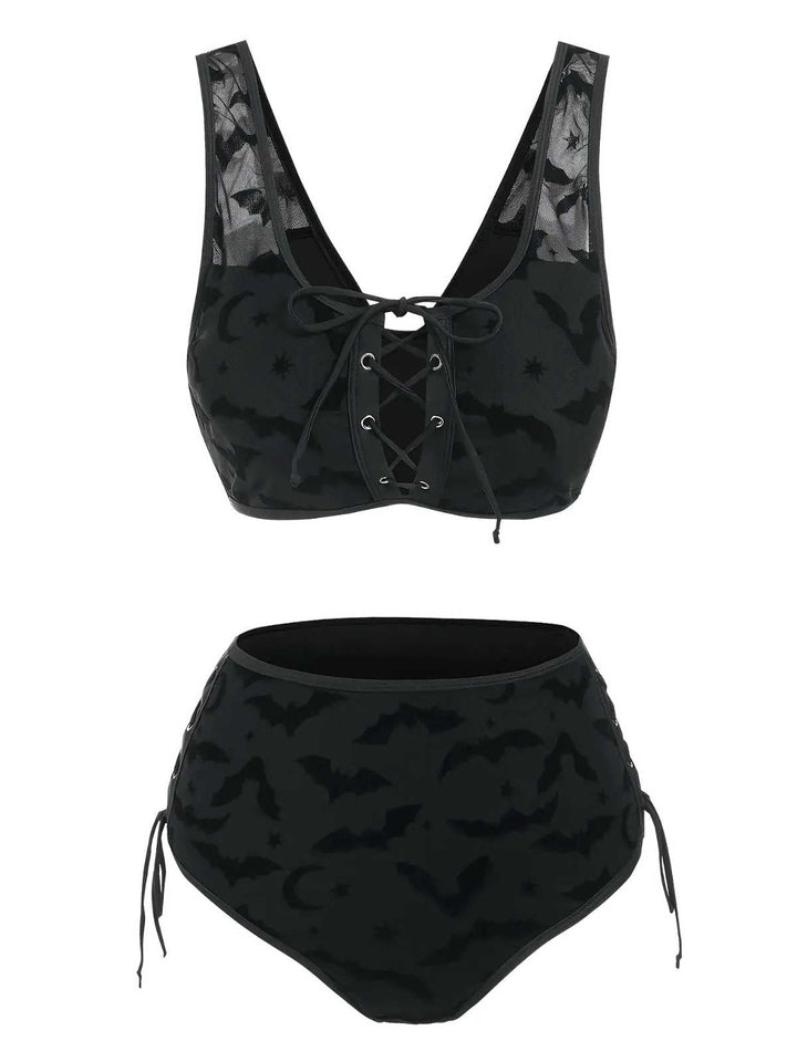 Black 1980s Strap Bat Mesh Gothic Bikini Set - vintage fashion, retro style, classic black