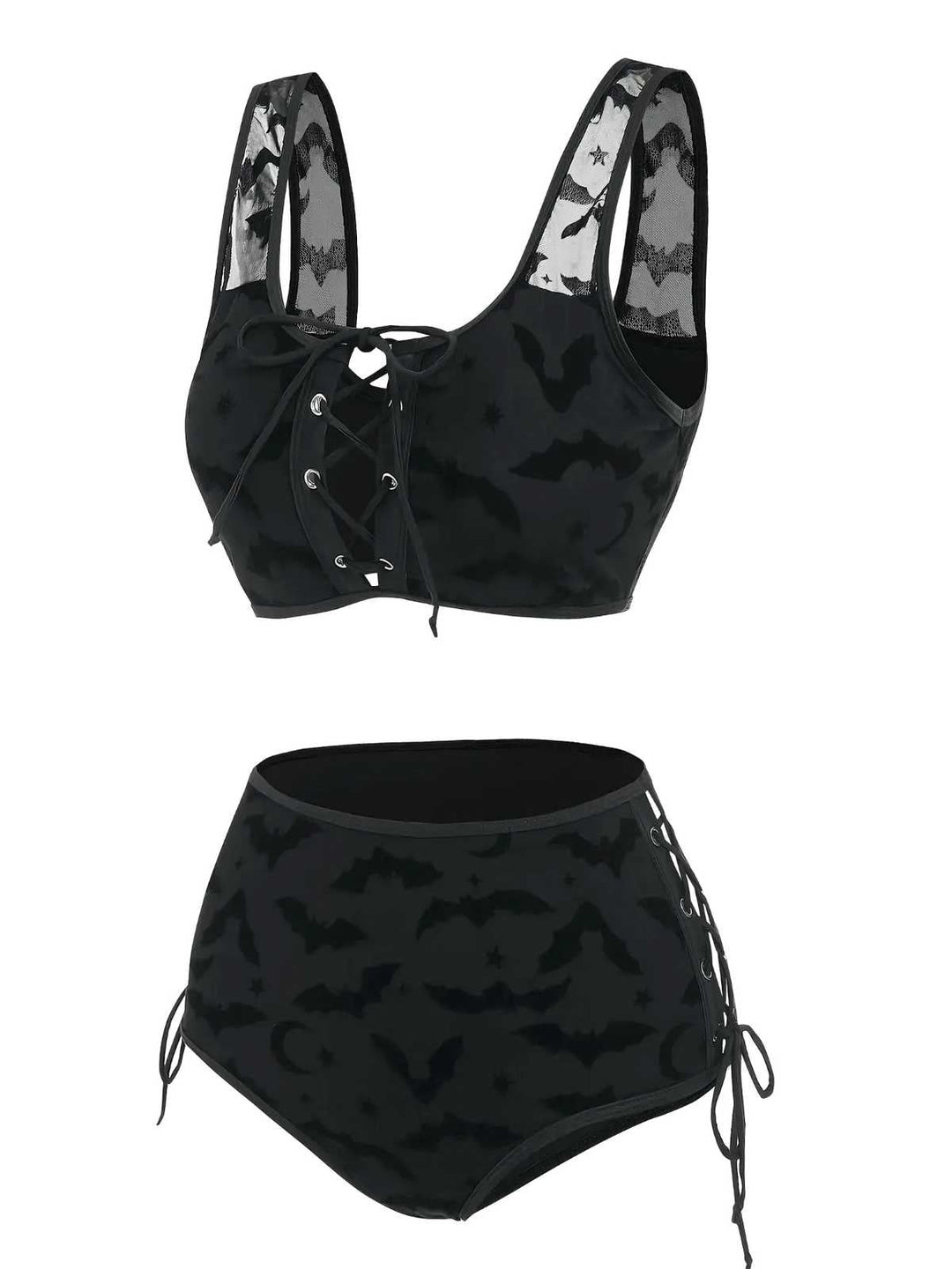 Black 1980s Strap Bat Mesh Gothic Bikini Set - vintage fashion, retro style, classic black