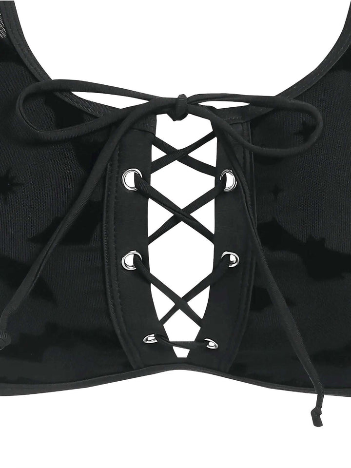 Black 1980s Strap Bat Mesh Gothic Bikini Set - vintage fashion, retro style, classic black