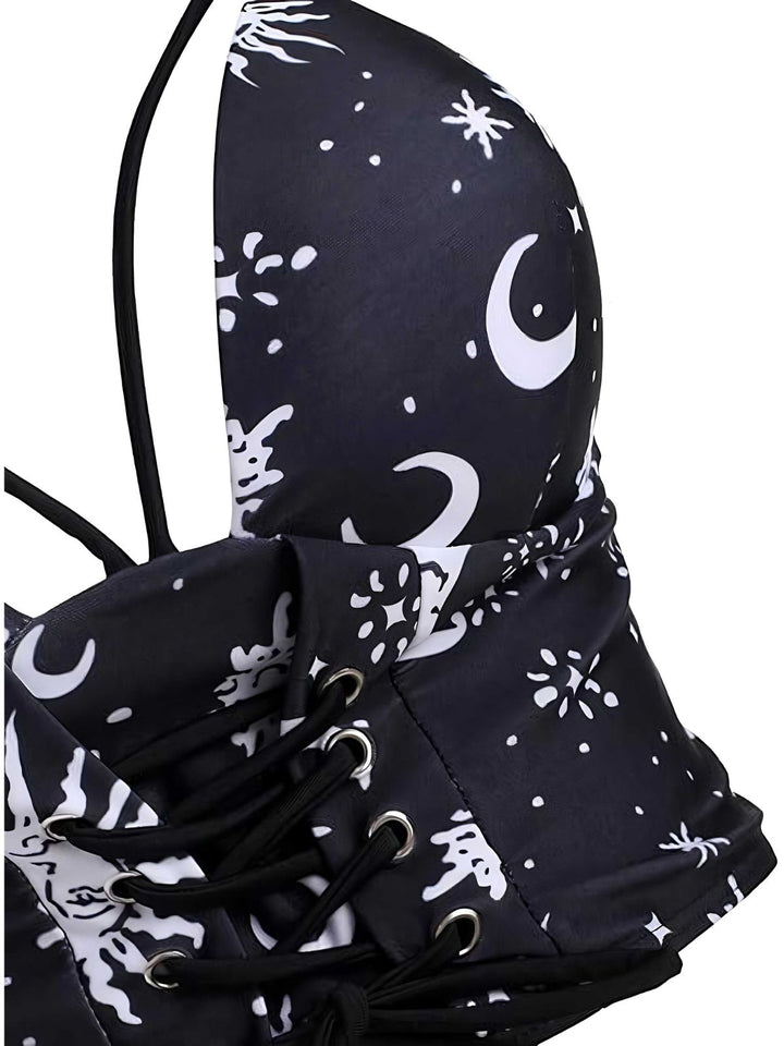 Black 1980s Strap Galaxy Print Gothic Bikini Set - vintage fashion, retro style, classic black
