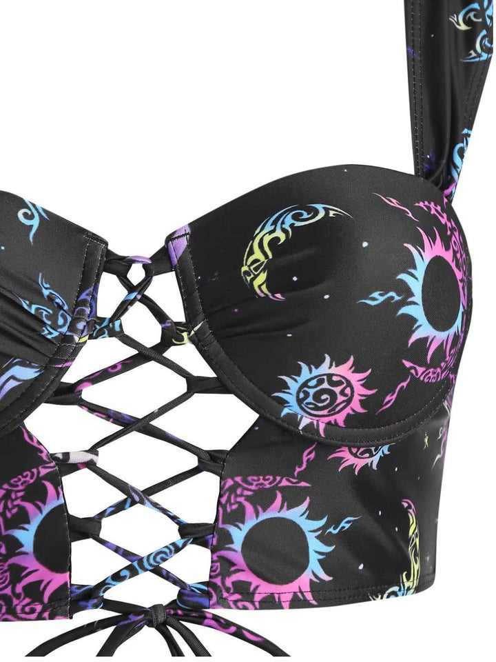 Black 1980s Strap Neon Nebula Print Gothic Bikini — because 1980s glamour never goes out of style