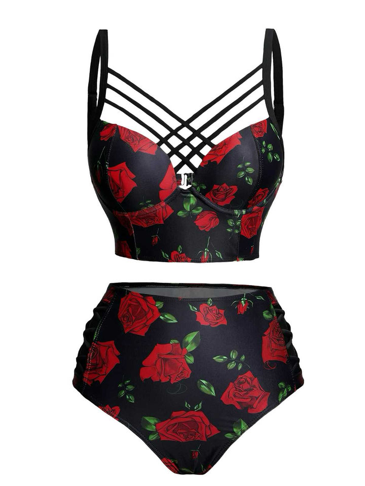 Black 1980s Strap Roses Gothic Bikini Set - vintage fashion, retro style, classic black