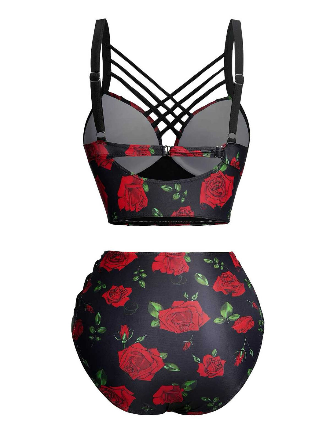 Black 1980s Strap Roses Gothic Bikini Set - vintage fashion, retro style, classic black