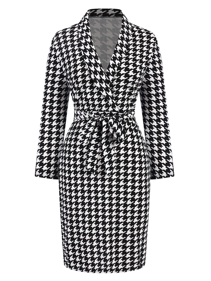 Black 1980s V-Neck Bow Houndstooth Dress, vintage dress, retro fashion - perfect for women who love vintage and retro fashion