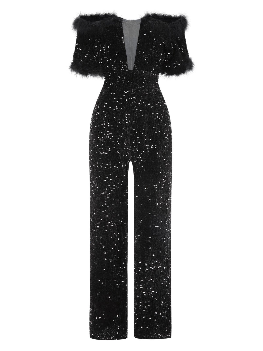 She finds her 1980s story in this Black 1980s V-Neck Feather Sequined Jumpsuit