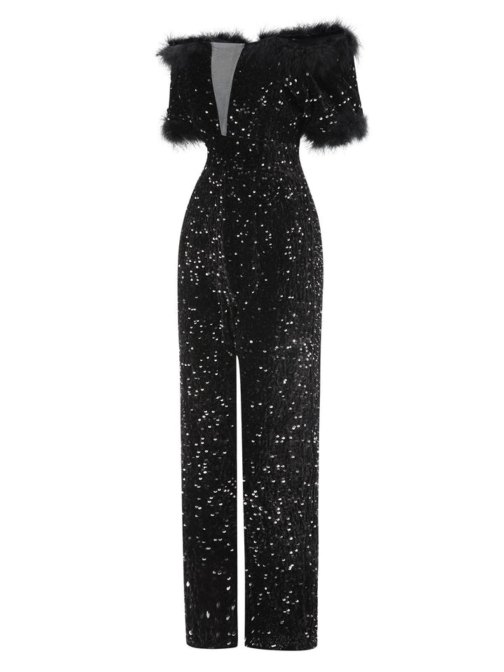 1980s VNeck Feather Sequined Jumpsuit | 1980s | vintage romper, retro jumpsuit