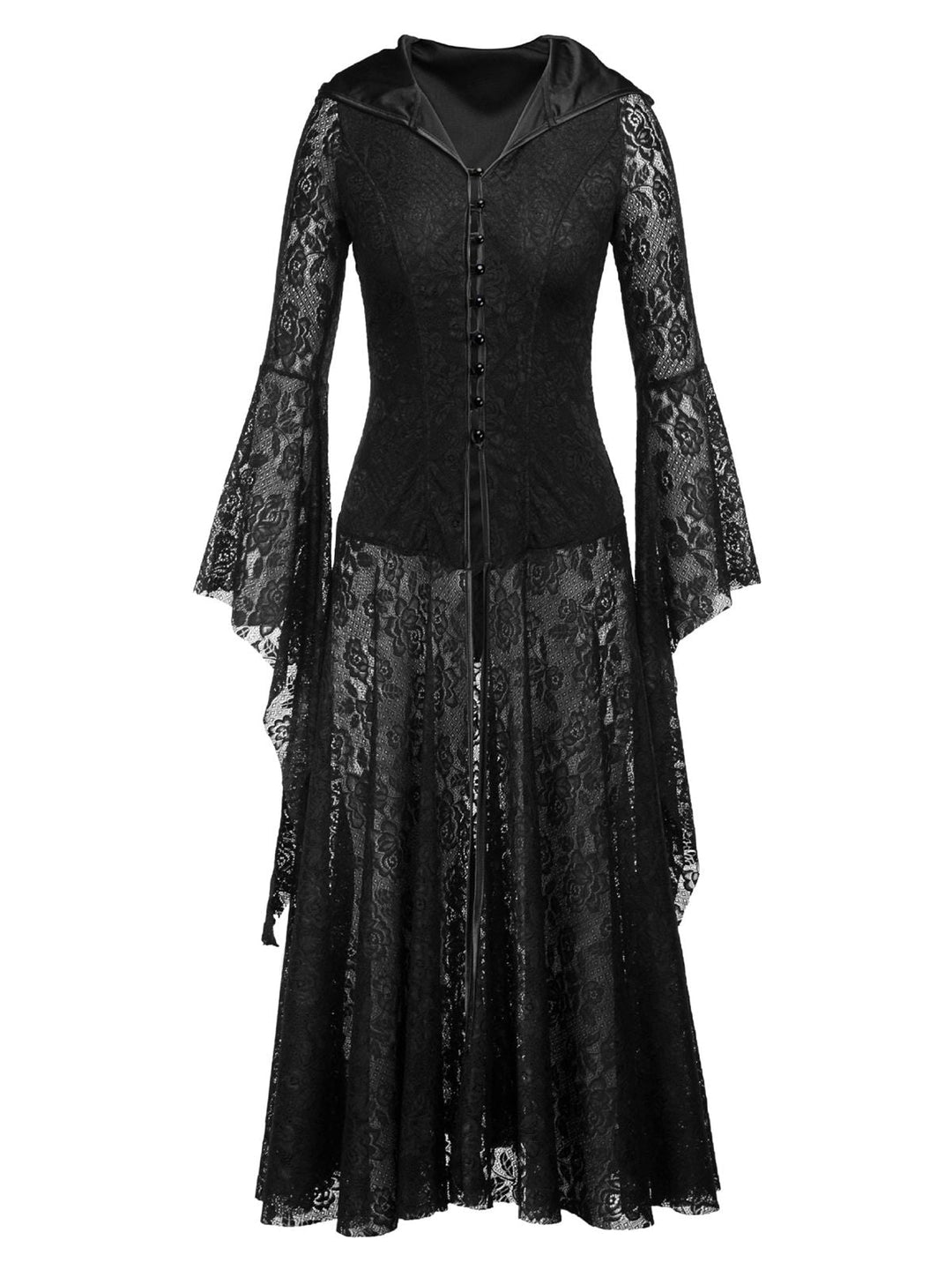 She slips into this Black 1980s V-Neck Floral Lace Hooded Dress and suddenly it&