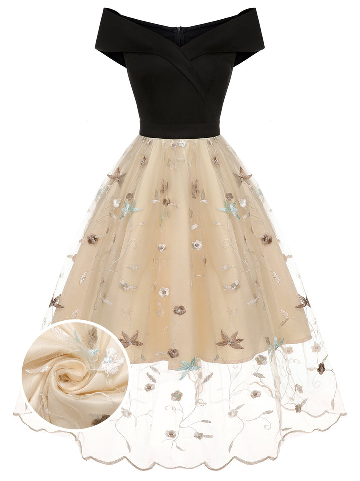 Black &amp; Beige 1950s Floral Mesh Off-Shoulder Dress, vintage dress, retro fashion, rockabilly, pin-up fashion - perfect for women who love vintage and retro fashion