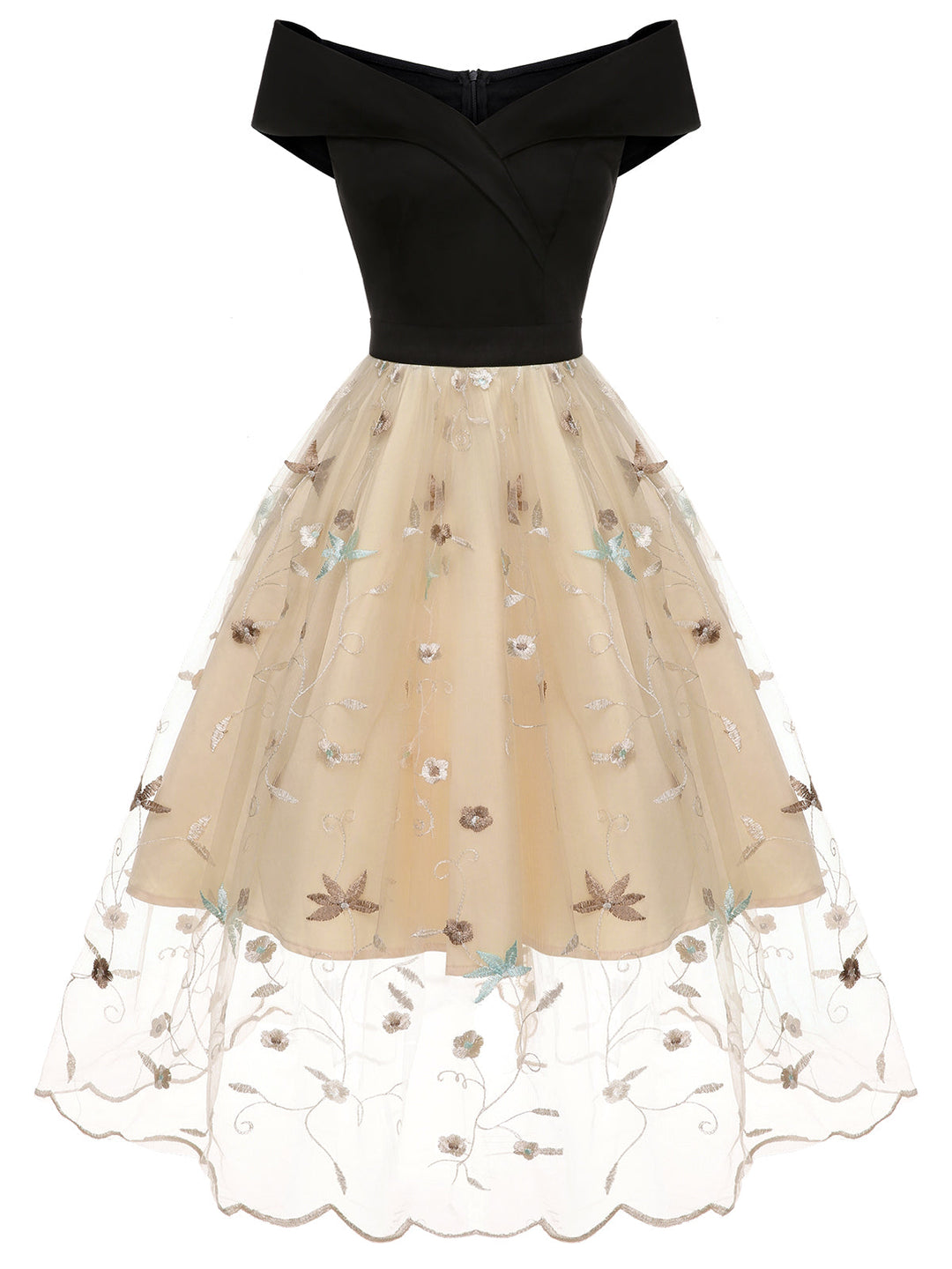 Black &amp; Beige 1950s Floral Mesh Off-Shoulder Dress, vintage dress, retro fashion, rockabilly, pin-up fashion - perfect for women who love vintage and retro fashion