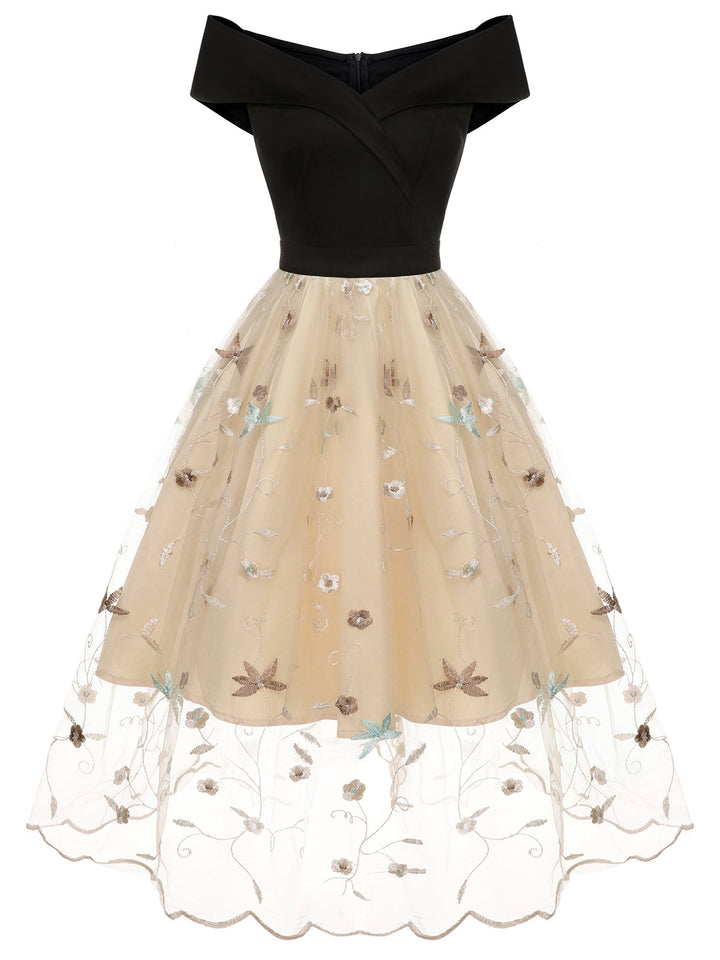 Black &amp; Beige 1950s Floral Mesh Off-Shoulder Dress, vintage dress, retro fashion, rockabilly, pin-up fashion - perfect for women who love vintage and retro fashion