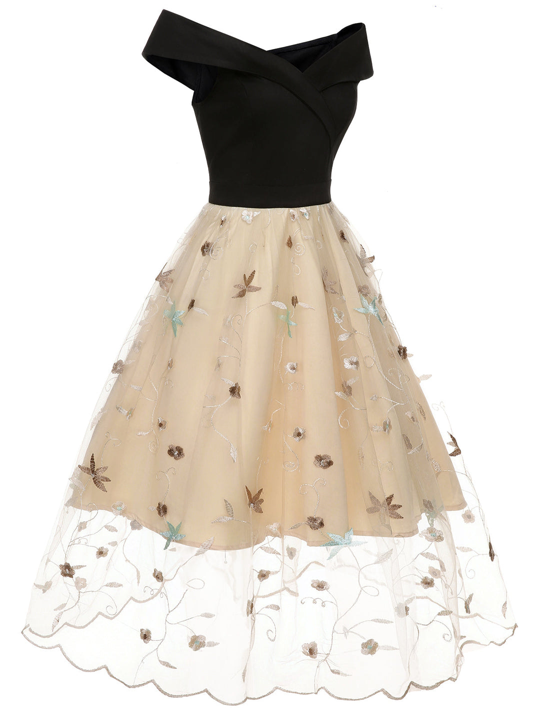 Black &amp; Beige 1950s Floral Mesh Off-Shoulder Dress, vintage dress, retro fashion, rockabilly, pin-up fashion - perfect for women who love vintage and retro fashion