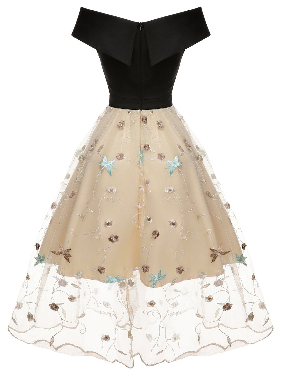 Black &amp; Beige 1950s Floral Mesh Off-Shoulder Dress, vintage dress, retro fashion, rockabilly, pin-up fashion - perfect for women who love vintage and retro fashion
