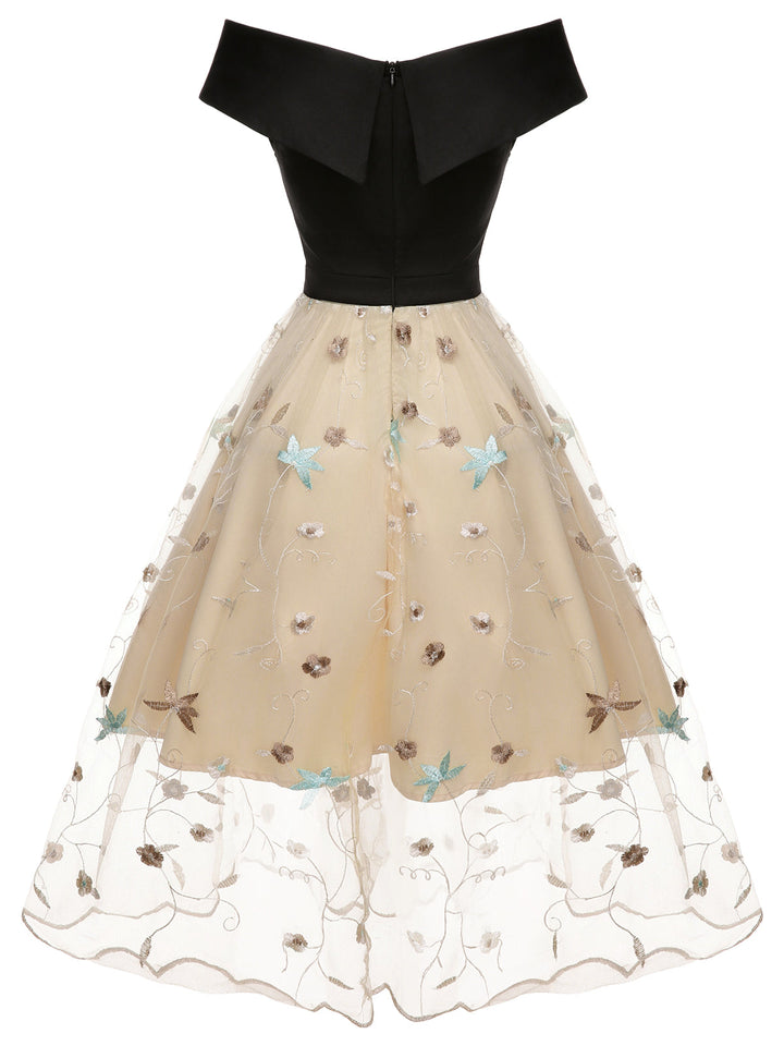 Black &amp; Beige 1950s Floral Mesh Off-Shoulder Dress, vintage dress, retro fashion, rockabilly, pin-up fashion - perfect for women who love vintage and retro fashion