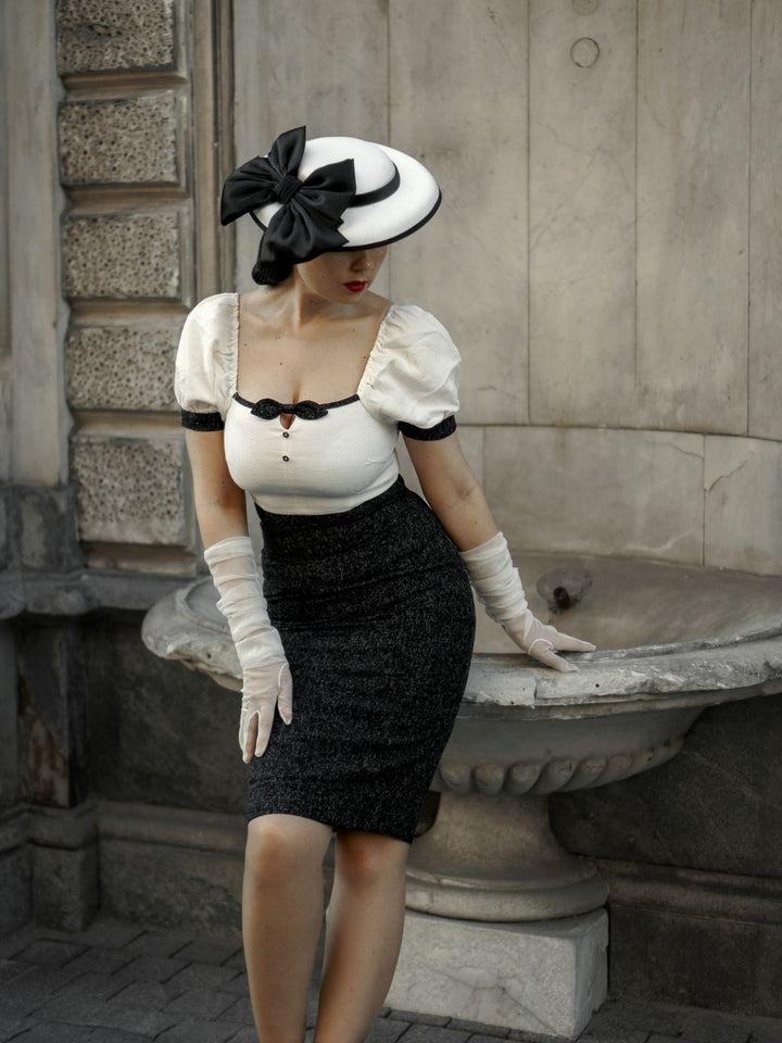 Black &amp; Beige 1960s Puff Sleeve Pencil Dress: where 1960s romance meets her modern spirit
