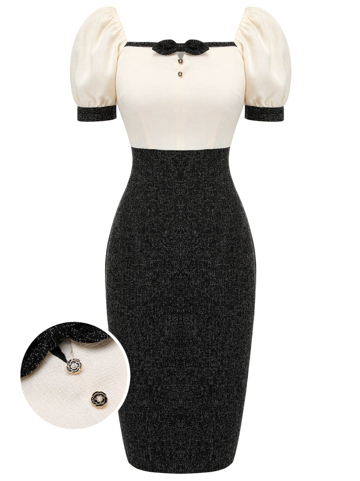 Black &amp; Beige 1960s Puff Sleeve Pencil Dress, vintage dress, fashion - perfect for women who love vintage and fashion