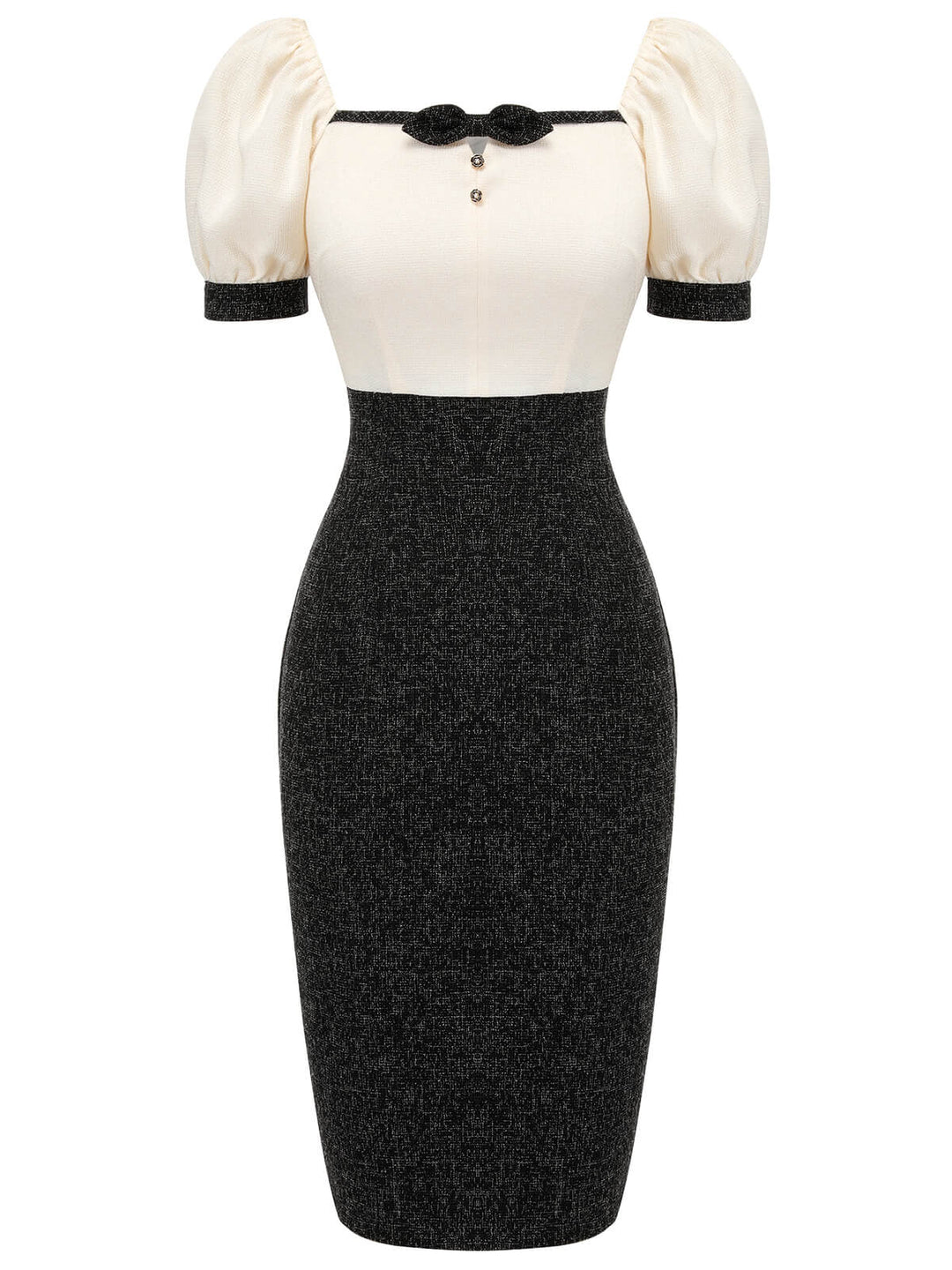 Black &amp; Beige 1960s Puff Sleeve Pencil Dress, vintage dress, fashion - perfect for women who love vintage and fashion