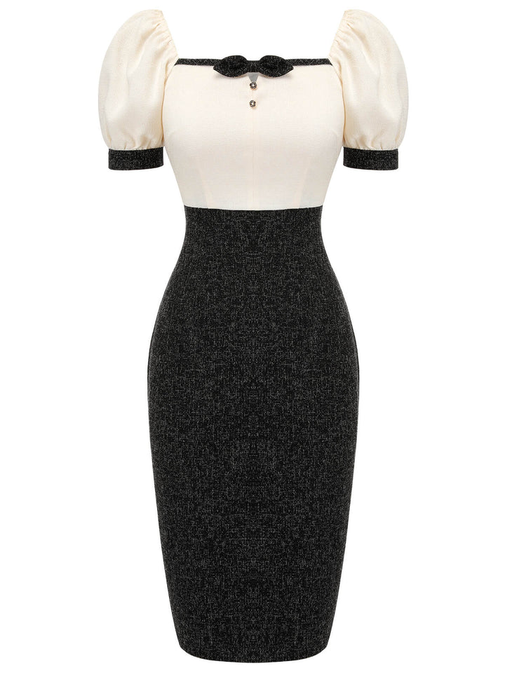 Black &amp; Beige 1960s Puff Sleeve Pencil Dress, vintage dress, fashion - perfect for women who love vintage and fashion