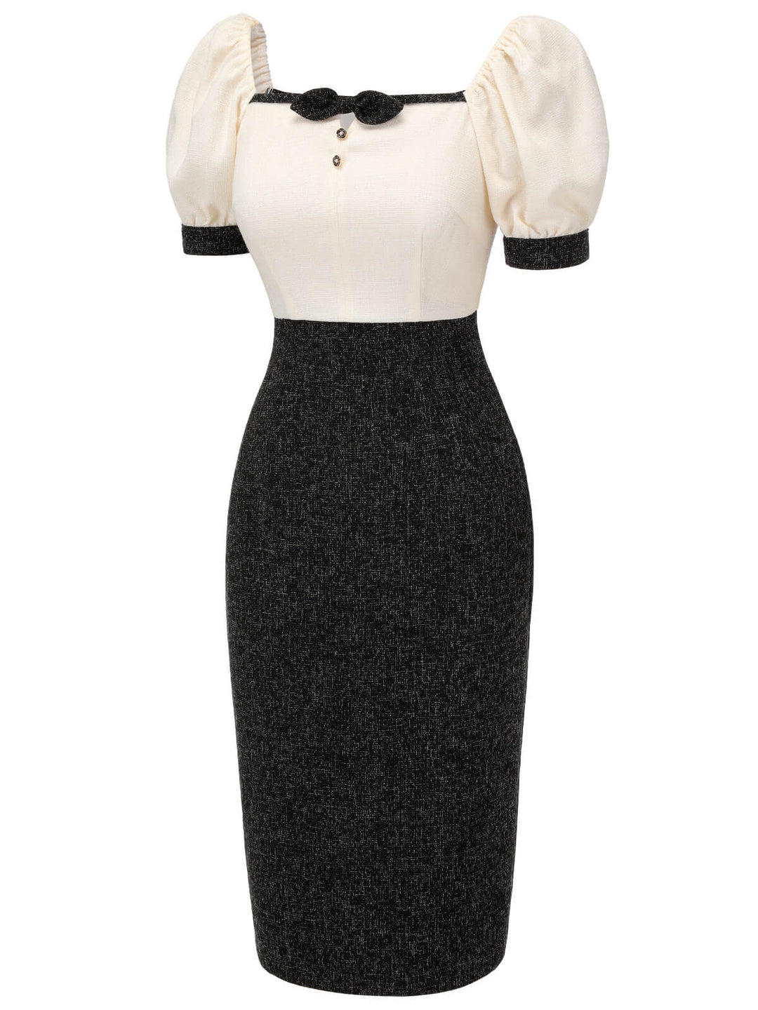 Black &amp; Beige 1960s Puff Sleeve Pencil Dress, vintage dress, fashion - perfect for women who love vintage and fashion