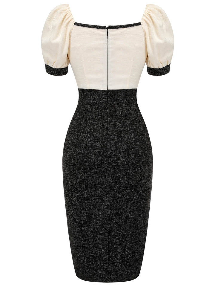 Black &amp; Beige 1960s Puff Sleeve Pencil Dress, vintage dress, fashion - perfect for women who love vintage and fashion