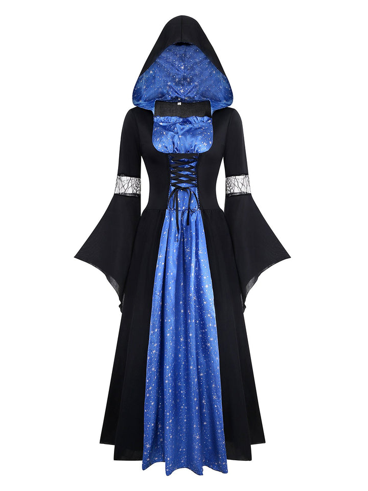Black &amp; Blue 1930s Witch Lace-Up Hooded Dress - vintage dress, retro fashion, classic black
