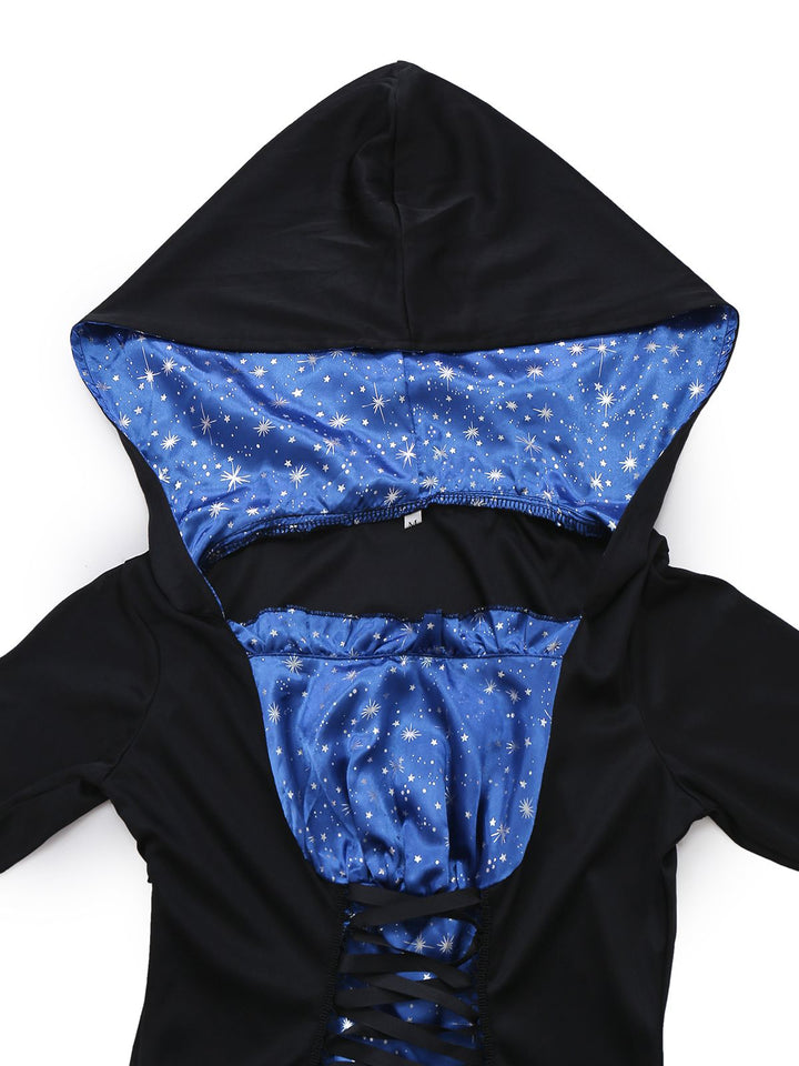 Black &amp; Blue 1930s Witch Lace-Up Hooded Dress - vintage dress, retro fashion, classic black