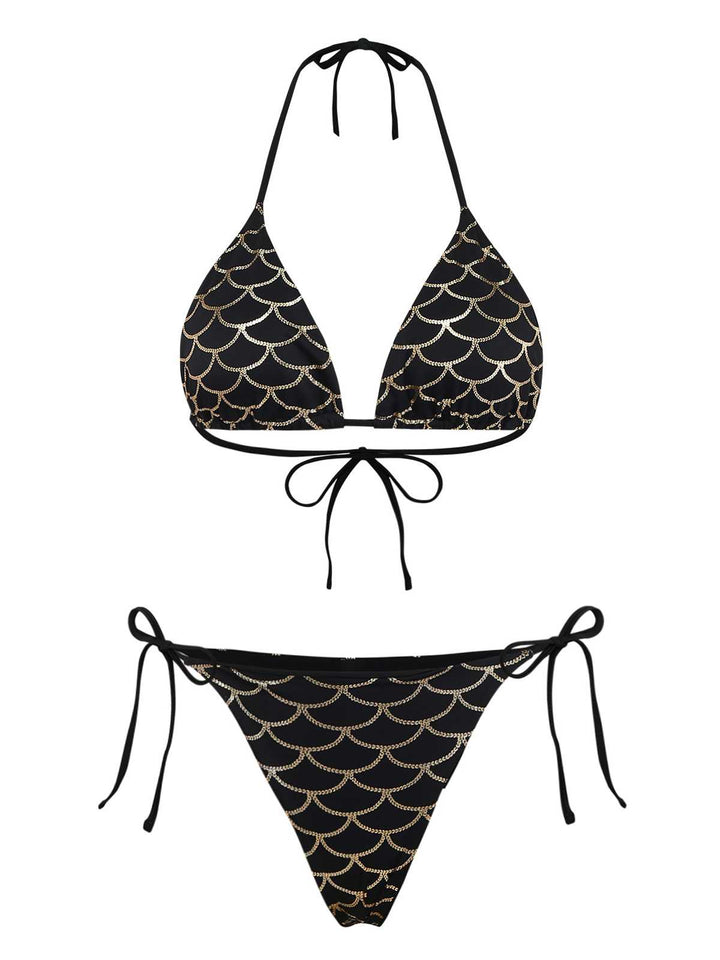 Black Gold 1970s Halter Mermaid Scale Bikini Set: beautiful vintage swimwear, retro swimsuit, pin-up style with timeless appeal