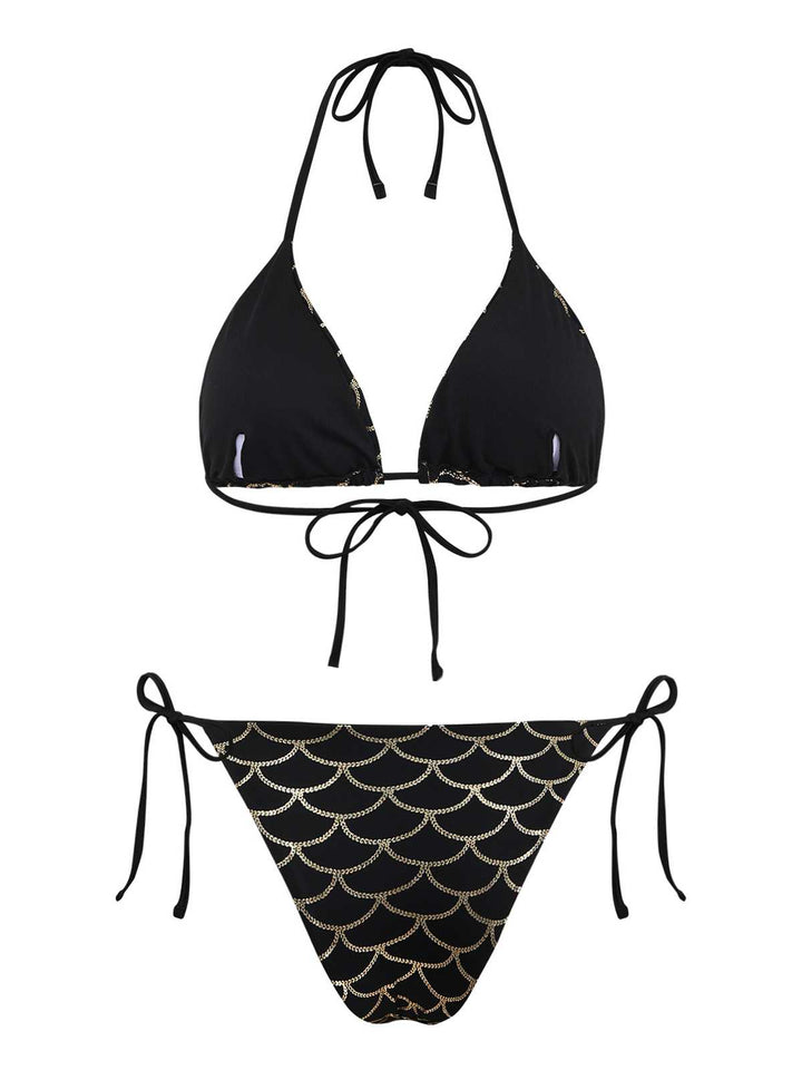 Black Gold 1970s Halter Mermaid Scale Bikini Set | vintage swimwear, retro swimsuit, pin-up style - perfect for retro fashion enthusiasts