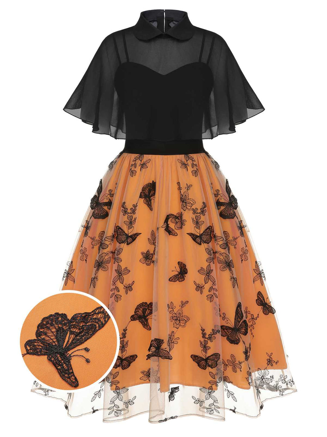 Black &amp; Orange 1950s 3D Butterfly Cloak Dress: timeless style reimagined