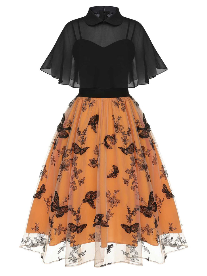 Black &amp; Orange 1950s 3D Butterfly Cloak Dress — vintage elegance for the modern woman