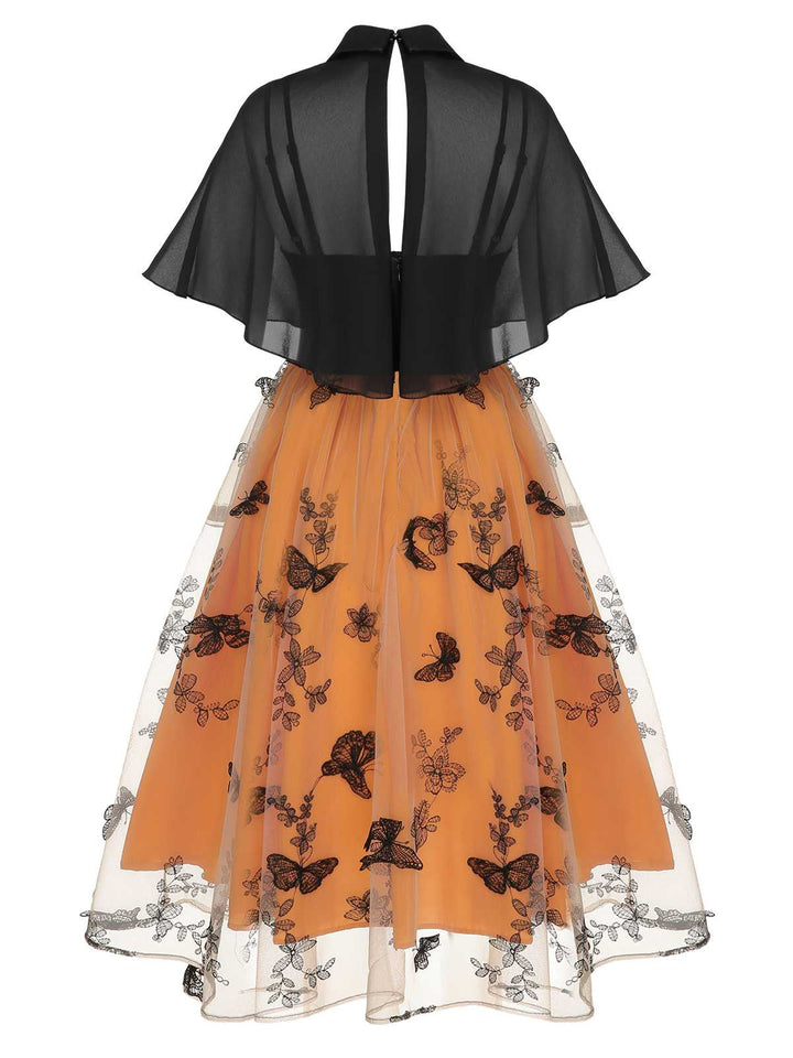 Black &amp; Orange 1950s 3D Butterfly Cloak Dress — vintage elegance for the modern woman